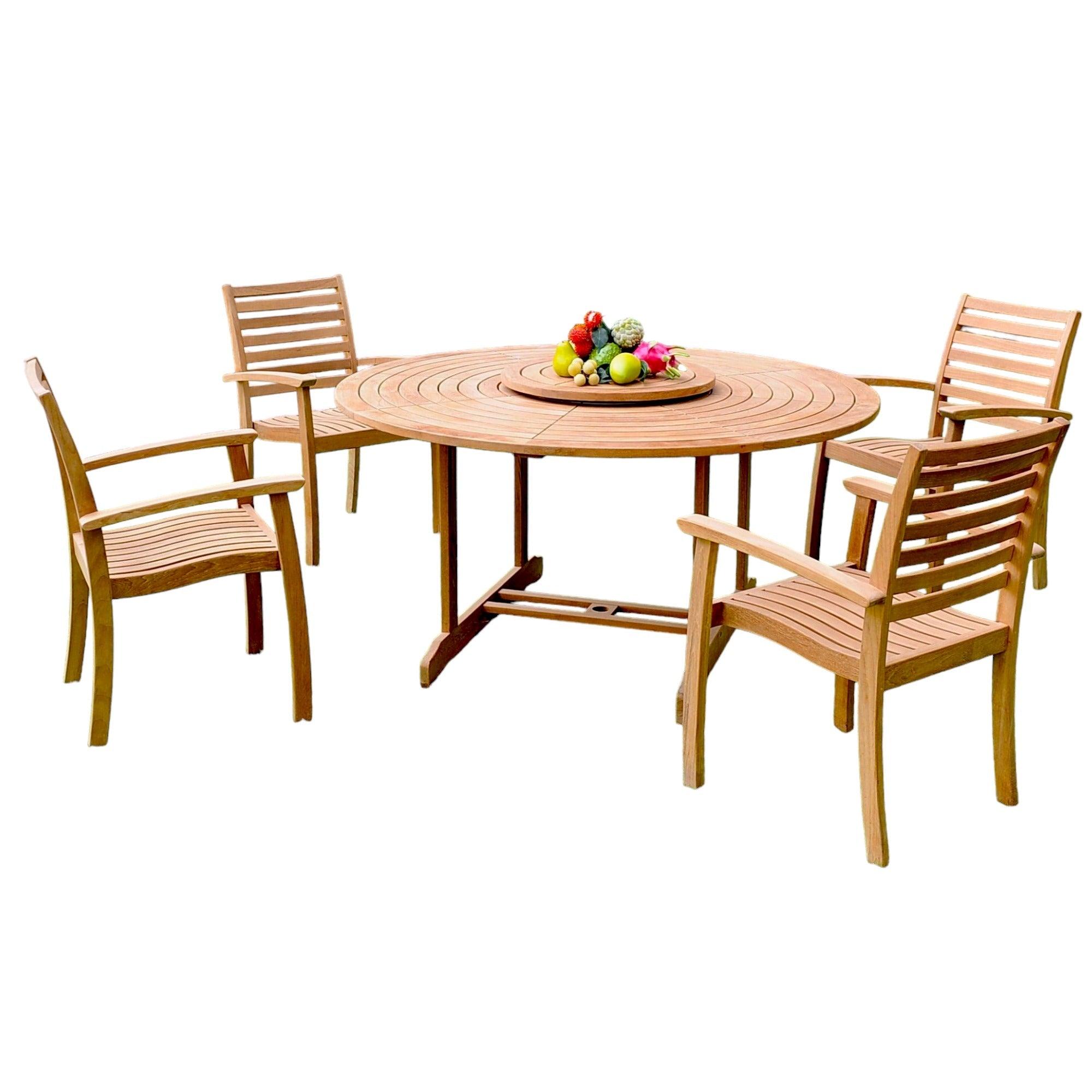 LOOMLAN Outdoor - Royal 5-Piece Round Teak Outdoor Dining Set with Lazy Susan and Stacking Armchairs - Outdoor Dining Sets