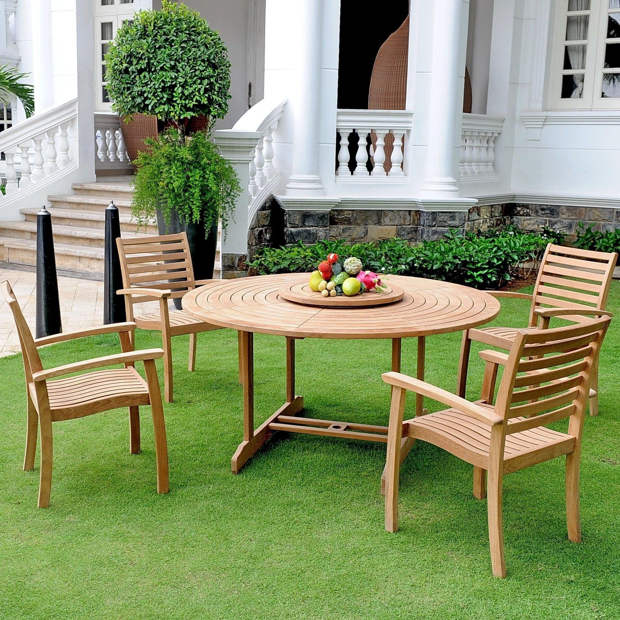 LOOMLAN Outdoor - Royal 5-Piece Round Teak Outdoor Dining Set with Lazy Susan and Stacking Armchairs - Outdoor Dining Sets