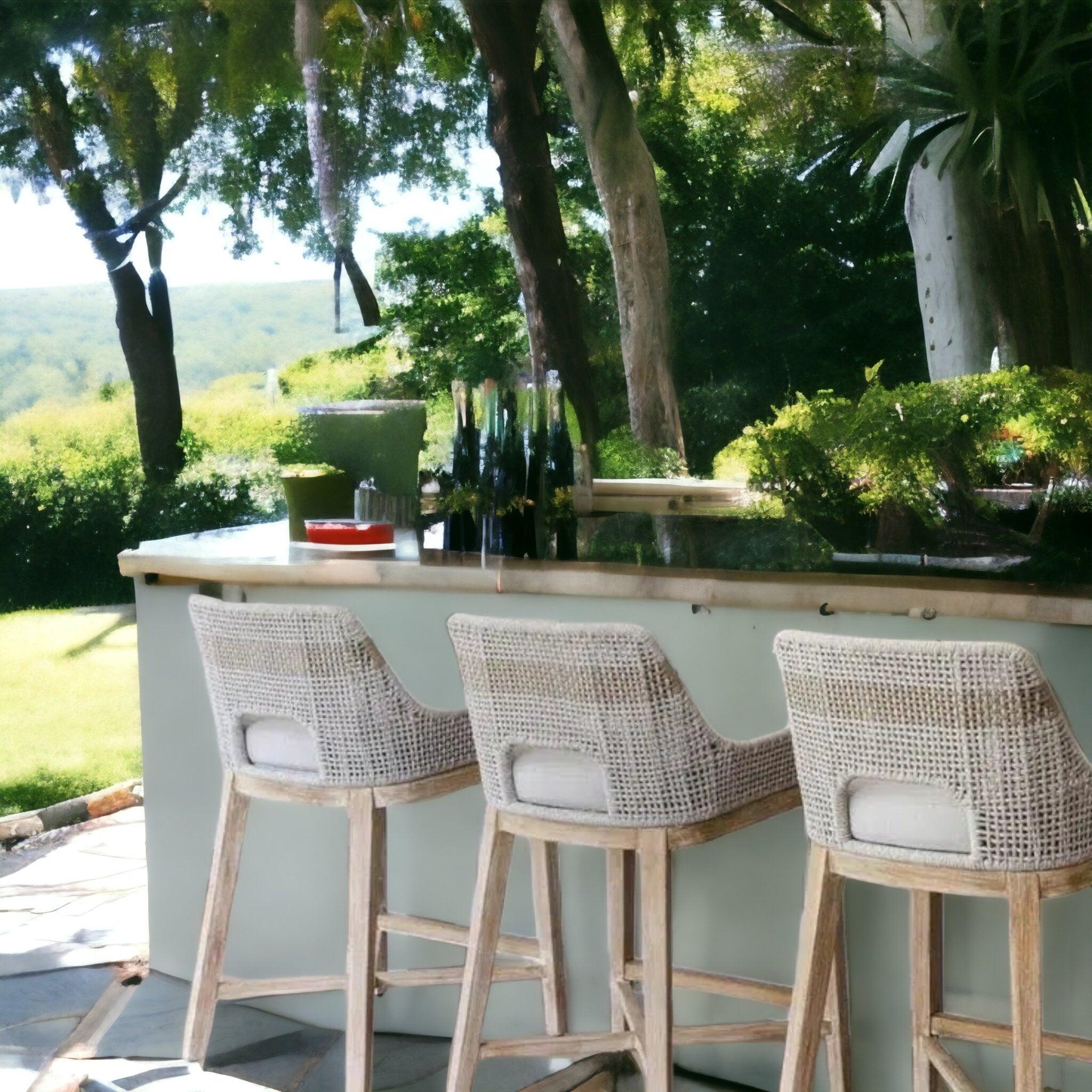 LOOMLAN Outdoor - Tapestry Outdoor Barstool Taupe &amp; White Rope and Teak - Outdoor Bar Stools