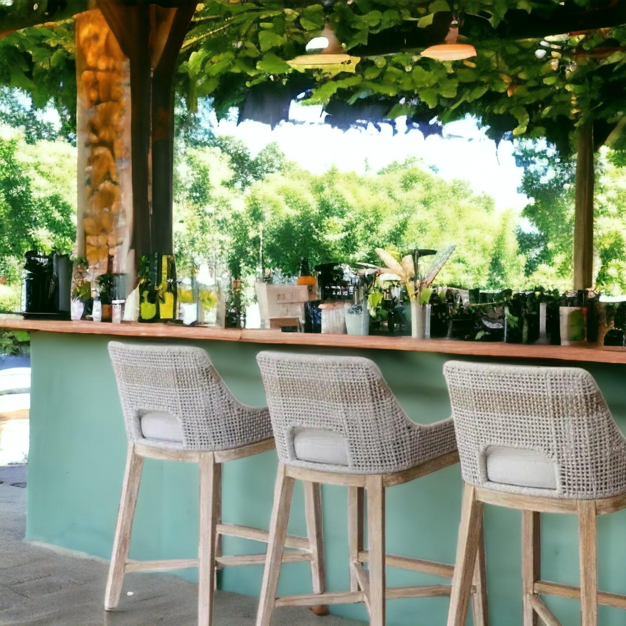 LOOMLAN Outdoor - Tapestry Outdoor Barstool Taupe &amp; White Rope and Teak - Outdoor Bar Stools