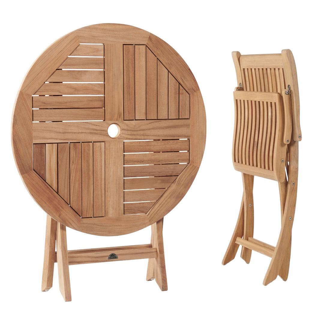 LOOMLAN Outdoor - Valencia 3-piece Round Teak Outdoor Bistro Set with Folding Table and Armchairs - Outdoor Bistro Sets