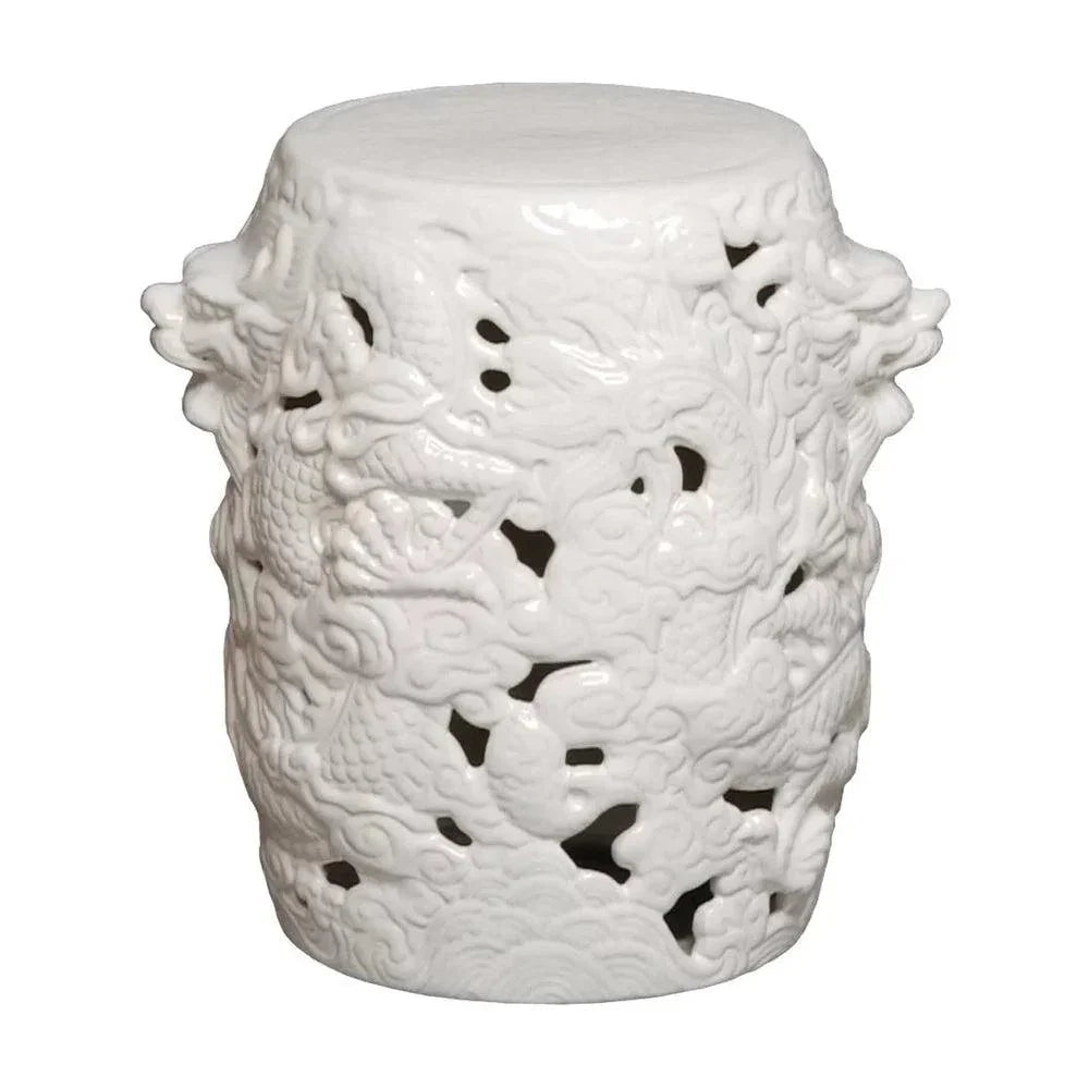 16 in. Dragon White Ceramic Outdoor Garden Stool - LOOMLAN - Emissary - Garden Stools