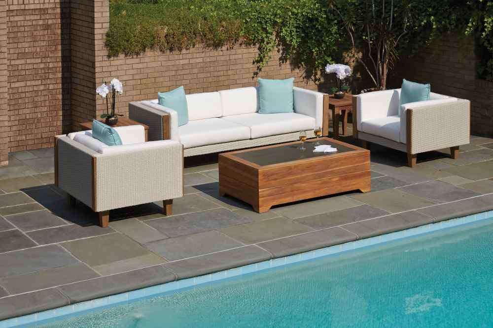 Teak Outdoor Cocktail Table with Faux Concrete Inset-Outdoor Coffee Tables-Lloyd Flanders-LOOMLAN