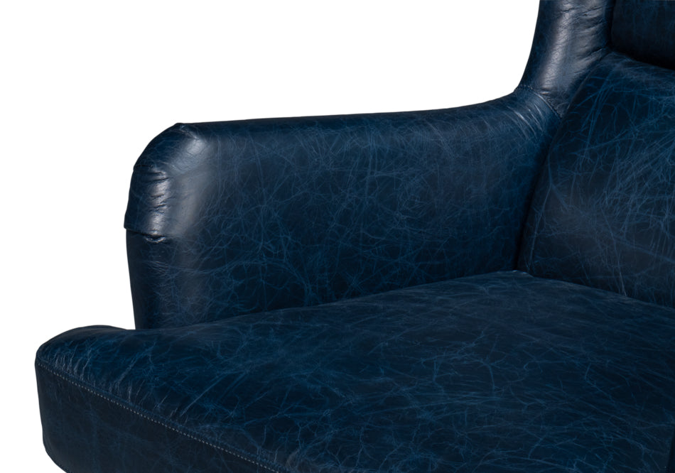 Elite Wing Wood and Leather Blue Lounge Arm Chair