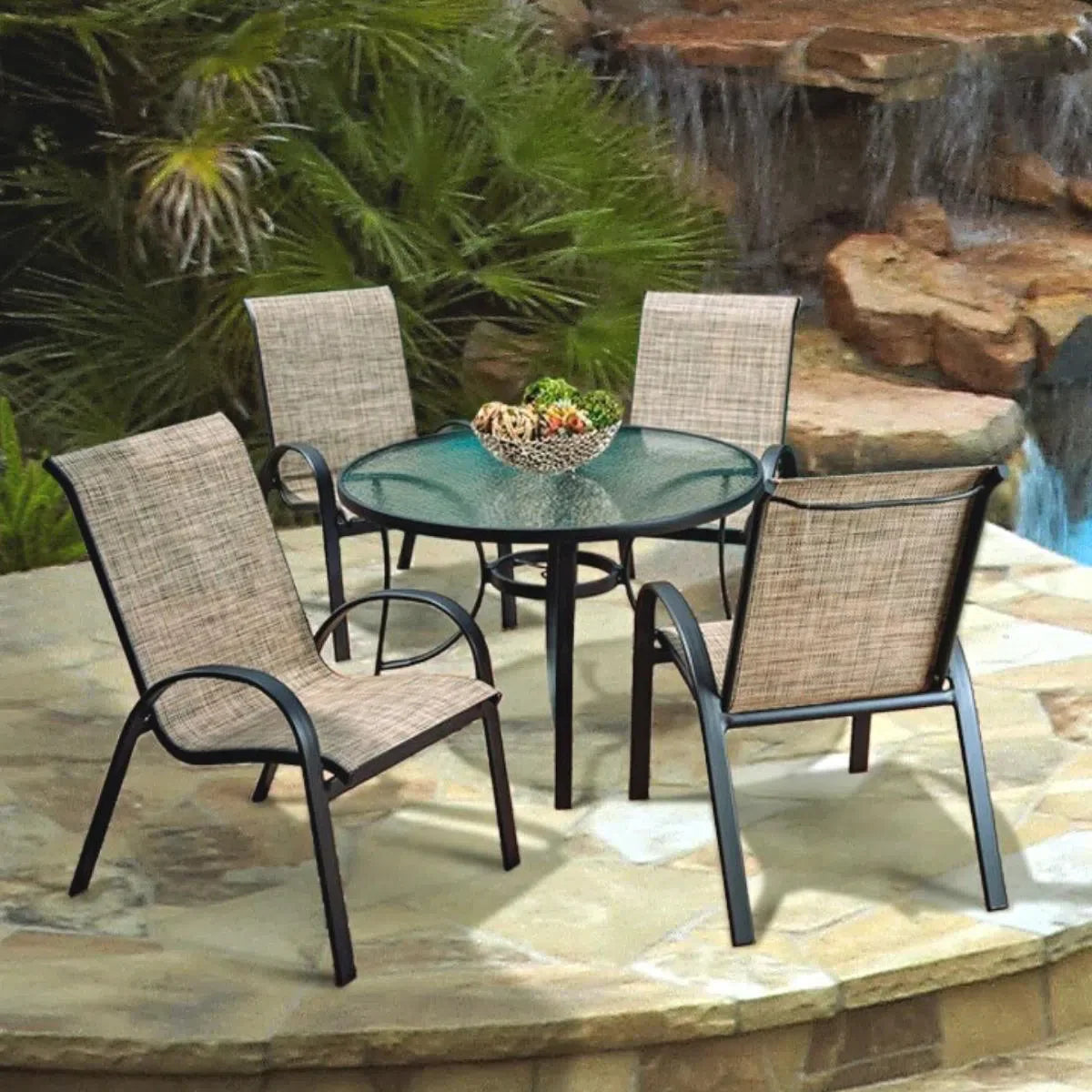 5PC Outdoor Round Glass Dining Table Set Stacking Chairs Outdoor Dining Sets LOOMLAN By LOOMLAN