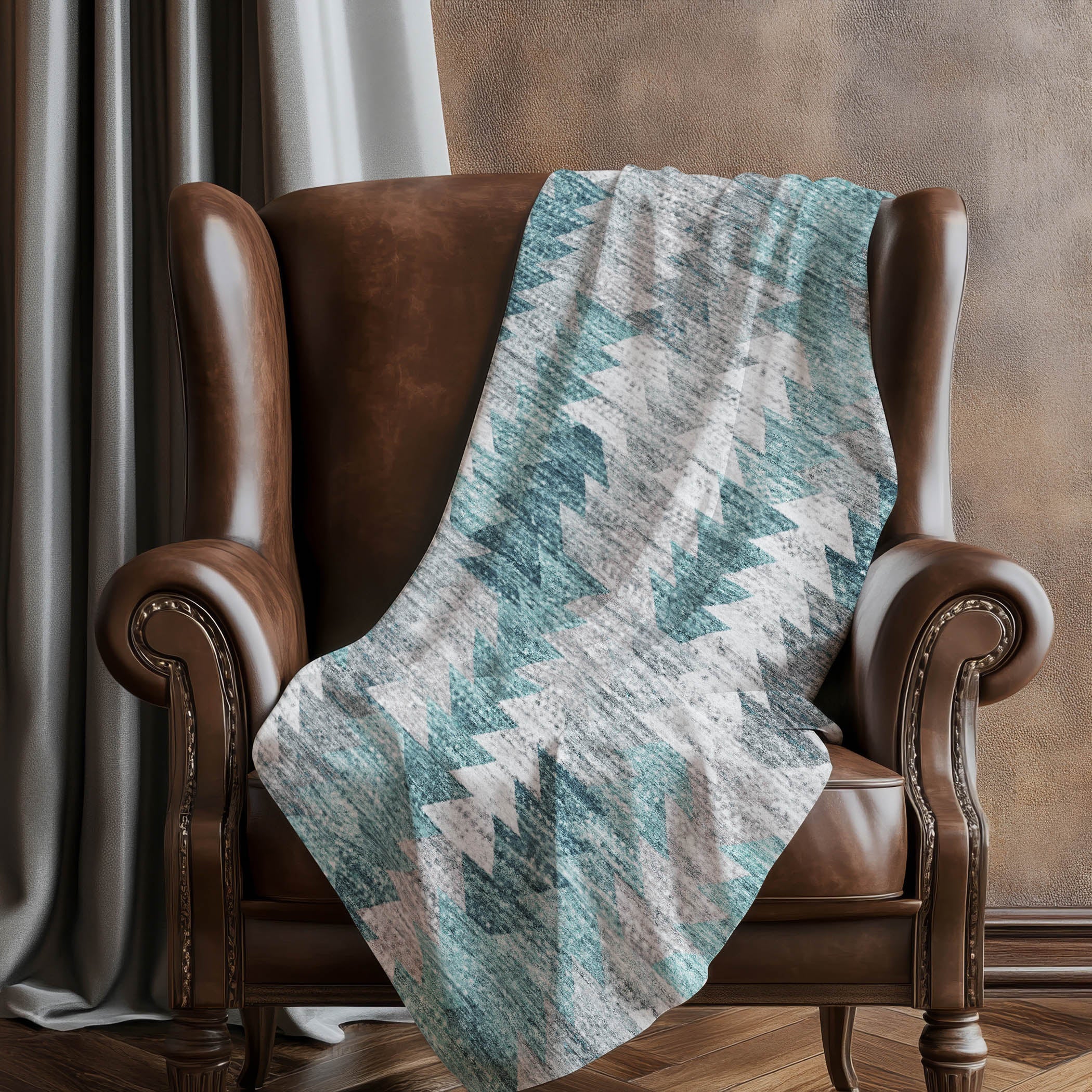 Angled Checks Teal Washable Indoor-Outdoor Rug