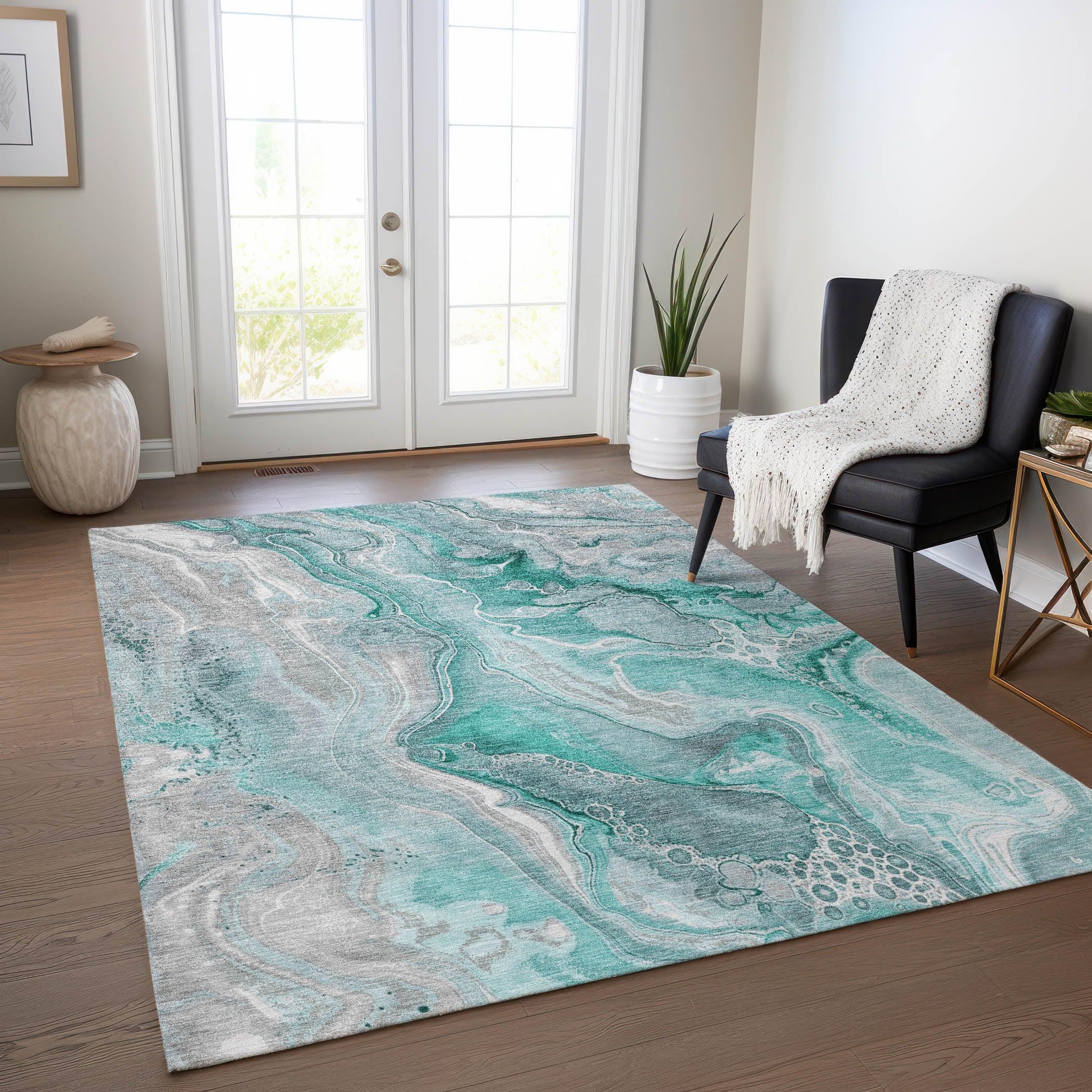 LOOMLAN Rugs Caelara Teal Washable Indoor-Outdoor Rug
