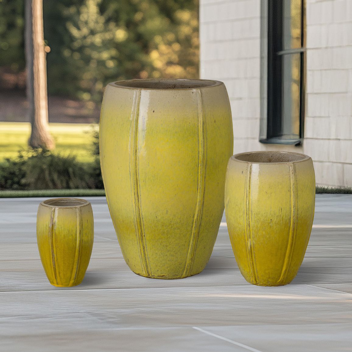 Emissary Crest Yellow Ceramic Tall Outdoor Planter (Set of 3)