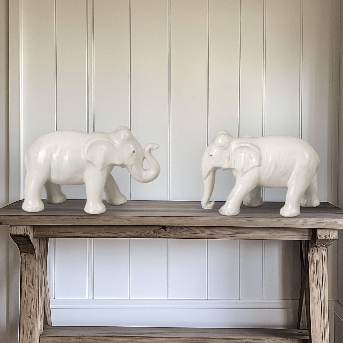 Emissary Elephant Moon White Ceramic Sculpture (Set of 2)