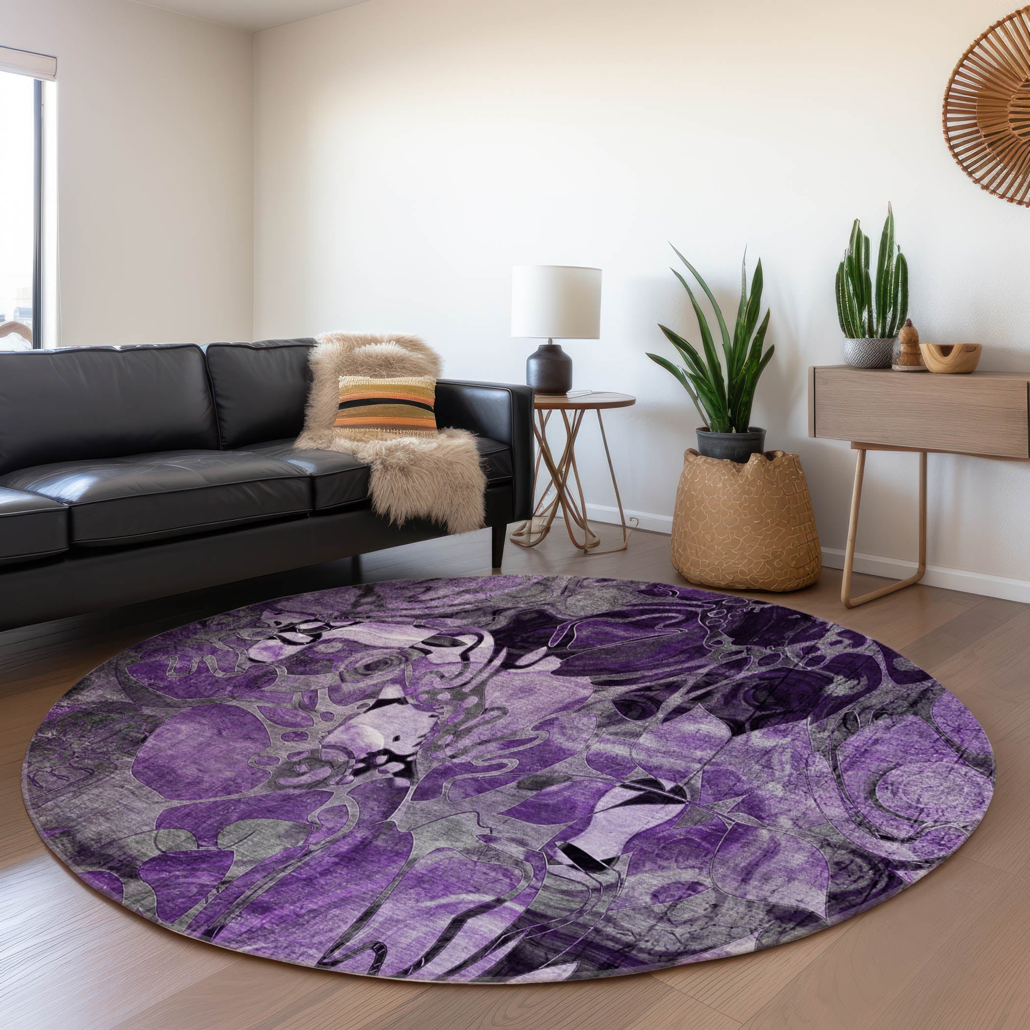 Addison Rugs Floral Purple Washable Indoor-Outdoor Rug with Matching Throw