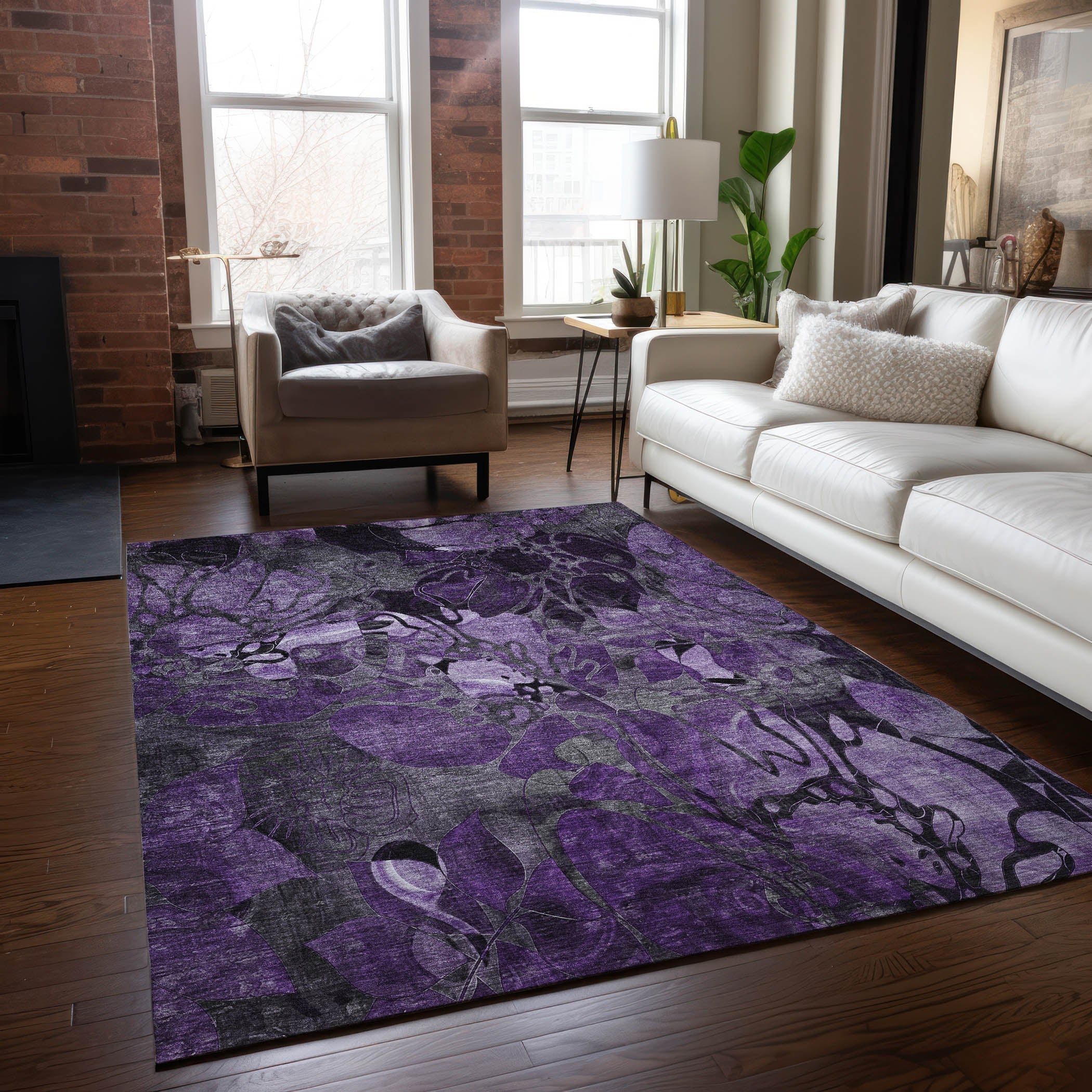 Addison Rugs Floral Purple Washable Indoor-Outdoor Rug with Matching Throw