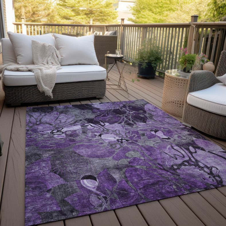 Addison Rugs Floral Purple Washable Indoor-Outdoor Rug with Matching Throw