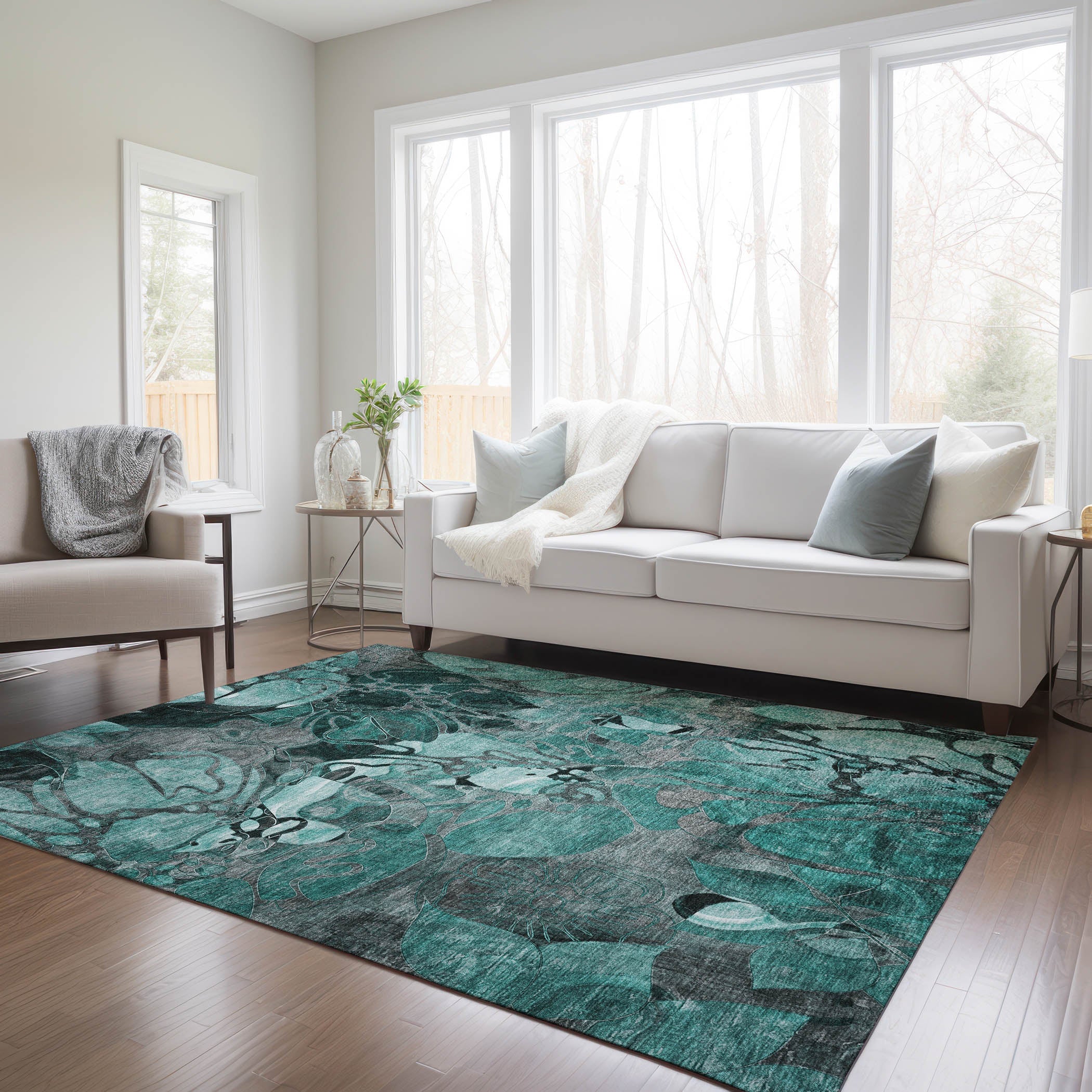 Addison Rugs Floral Teal Washable Indoor-Outdoor Rug