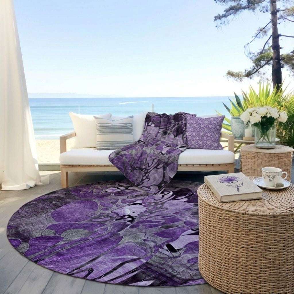 Addison Rugs Floral Purple Washable Indoor-Outdoor Rug with Matching Throw