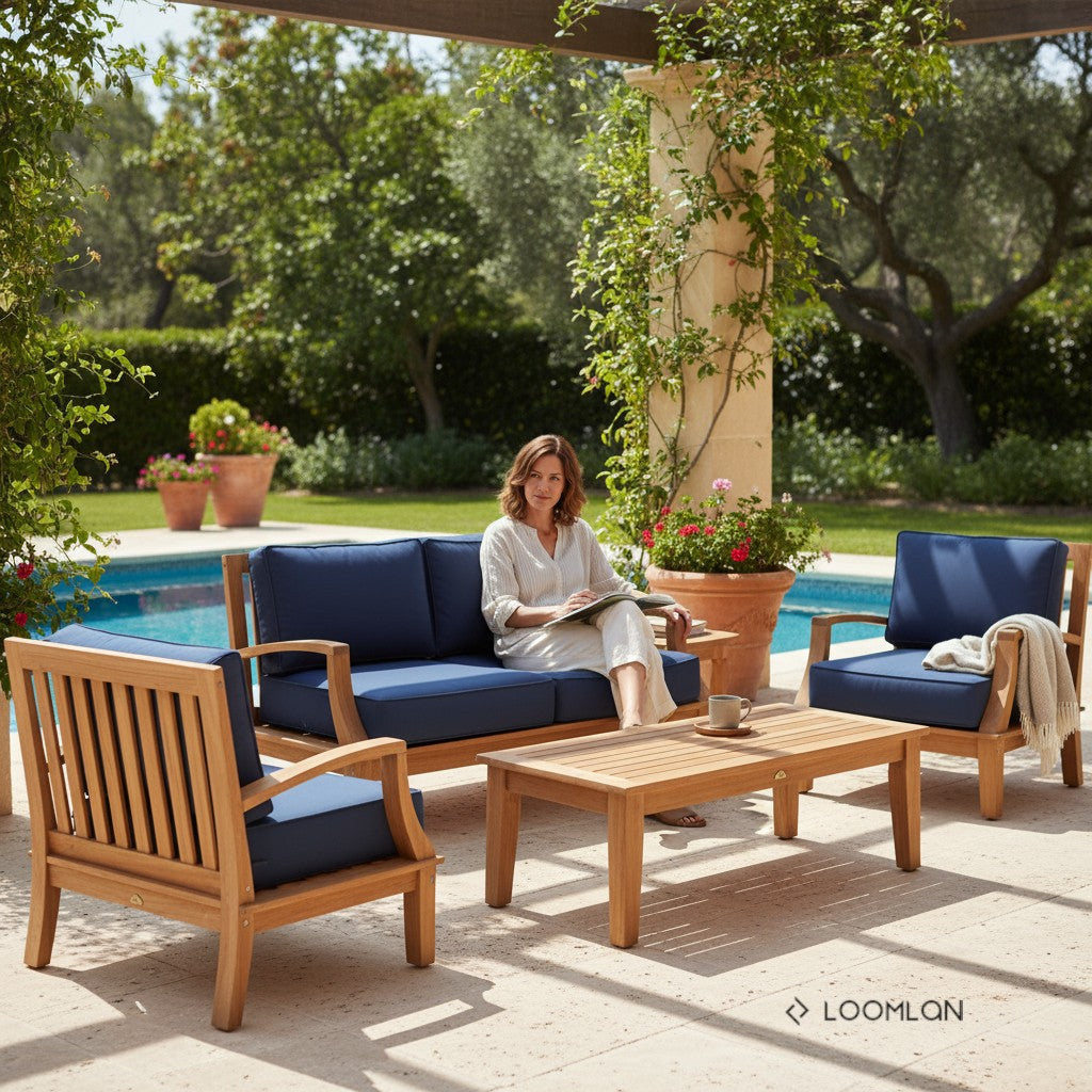 HiTeak Grande Teak Patio Deep Sofa Set with Sunbrella 4PC