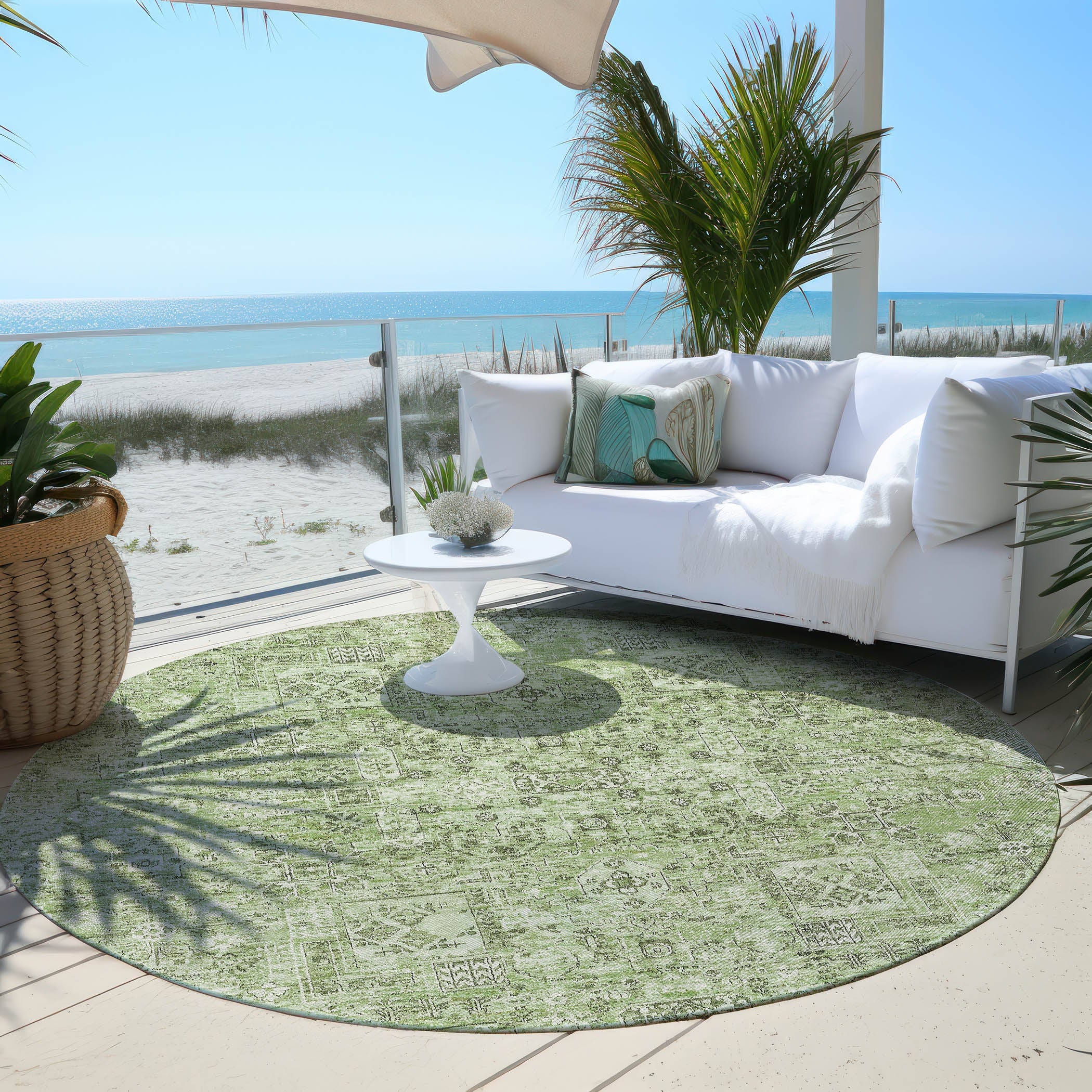 Parallel Bands Green Washable Indoor-Outdoor Rug