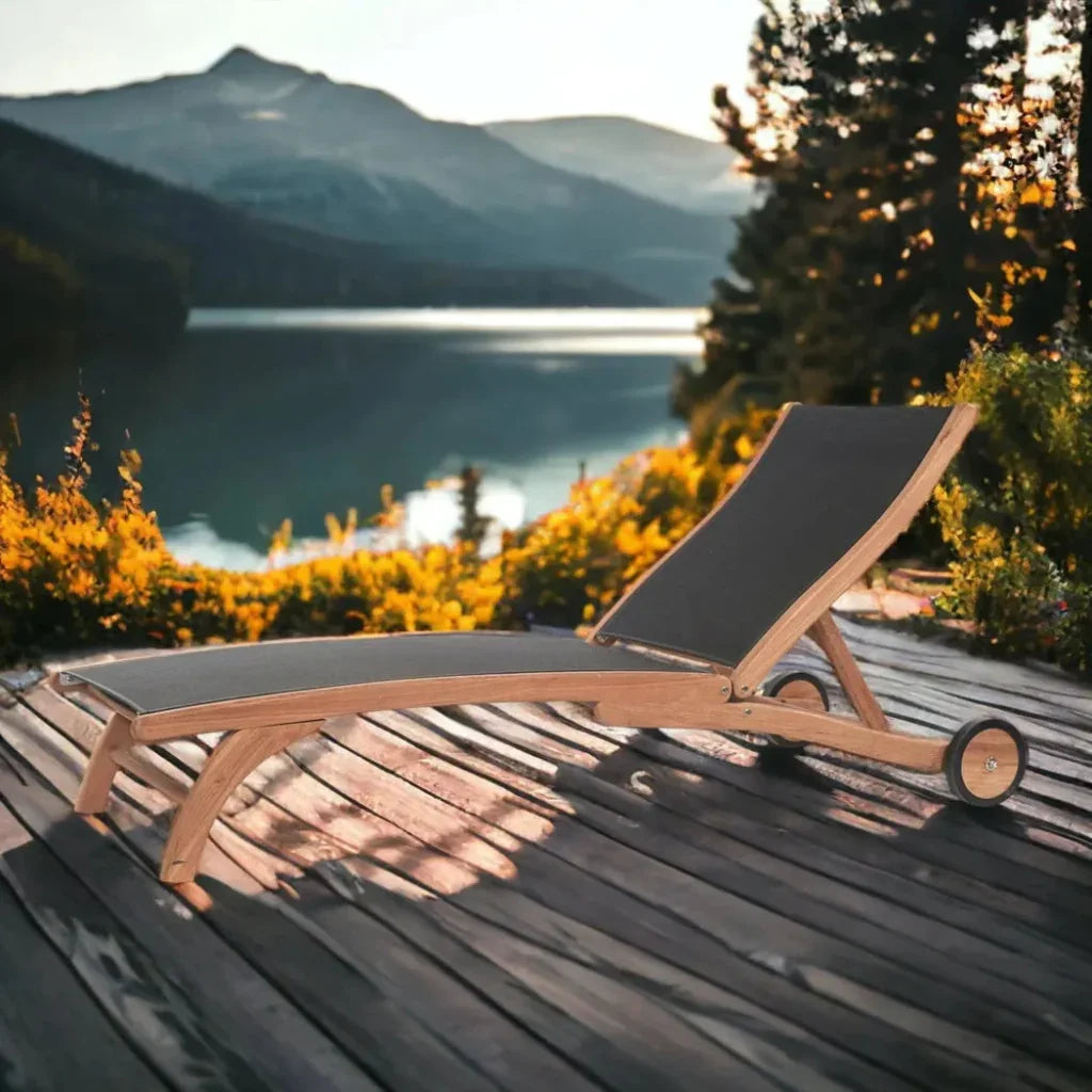 HiTeak Pearl Teak Outdoor Reclining Chaise Lounger Wheels