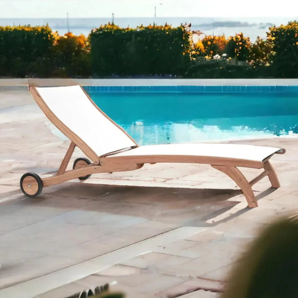 HiTeak Pearl Teak Outdoor Reclining Chaise Lounger Wheels
