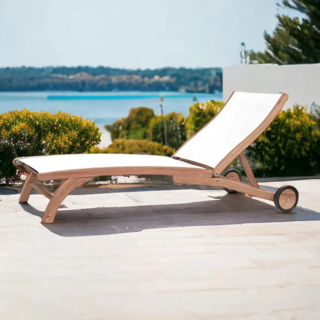 HiTeak Pearl Teak Outdoor Reclining Chaise Lounger Wheels