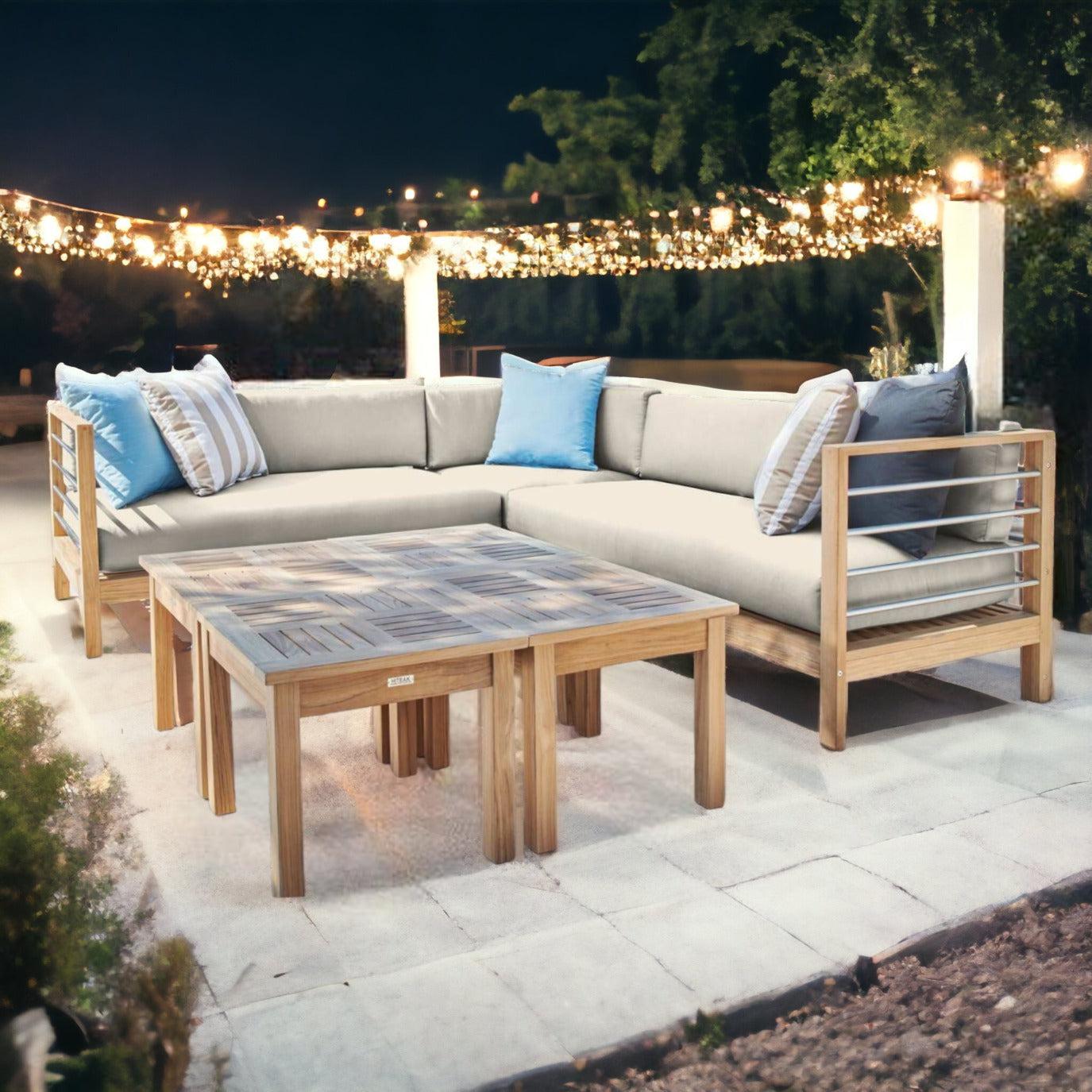 SoHo 7-piece Teak Outdoor Sectional Deep Seating Set with Sunbrella Cushion-Outdoor Sectional Sets-HiTeak-LOOMLAN