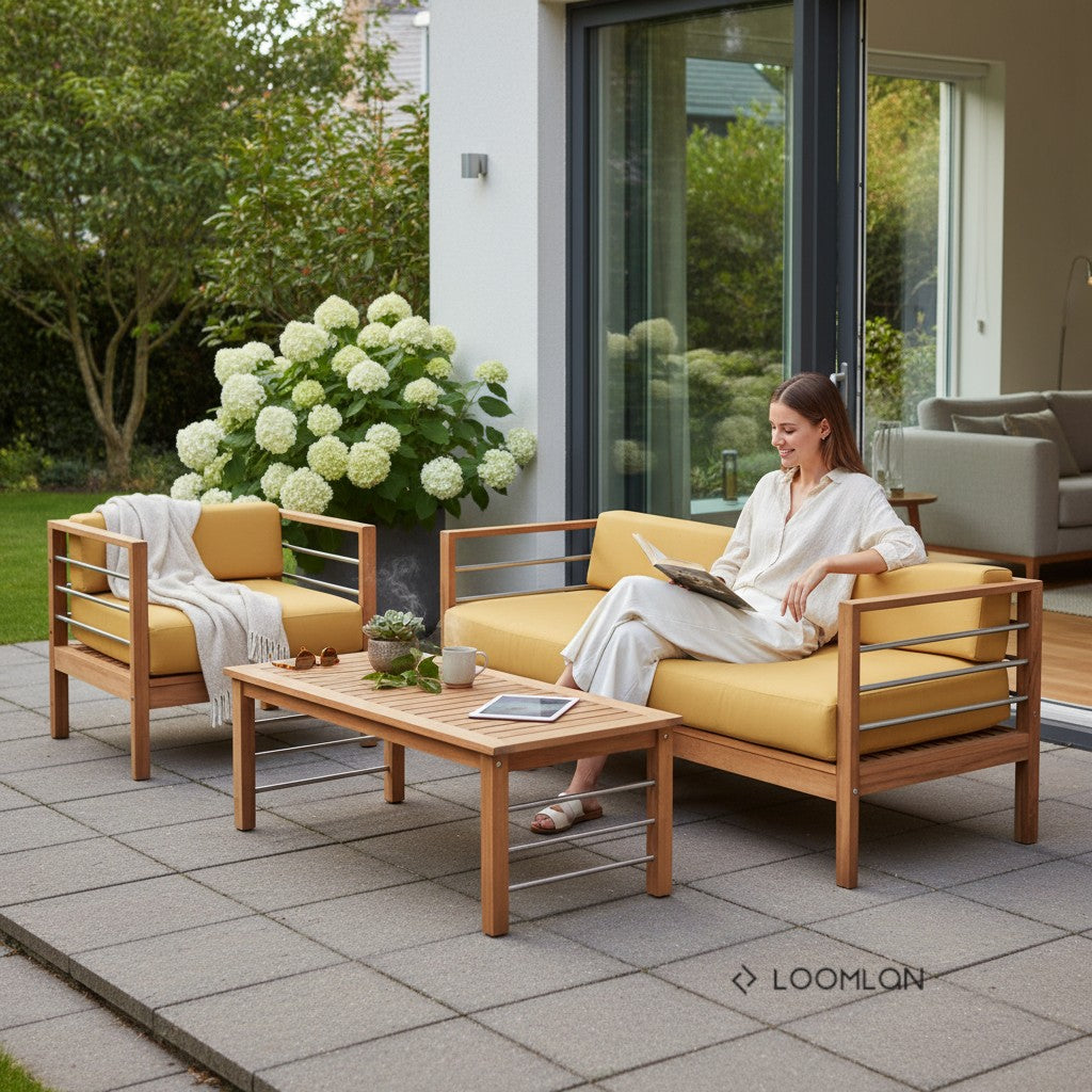 HiTeak SoHo Teak Patio Deep Sofa Set with Sunbrella 4PC
