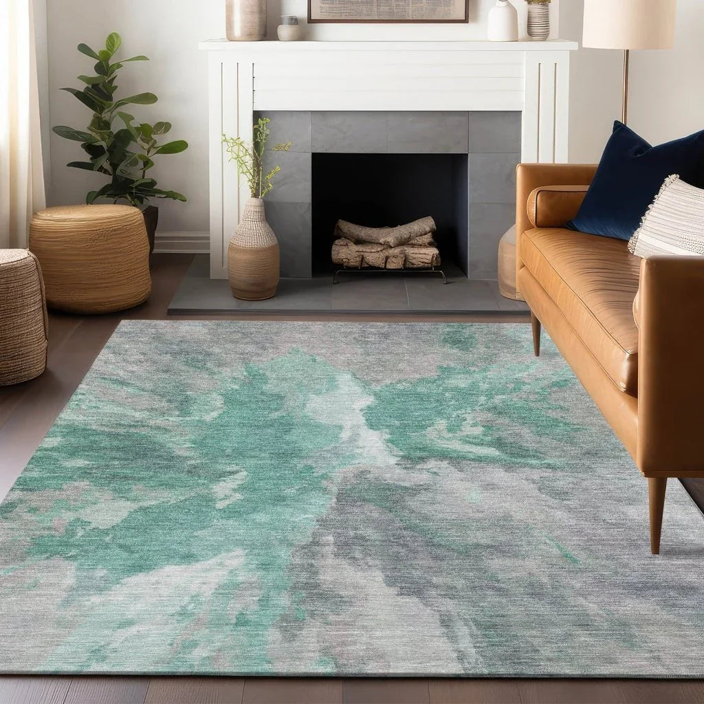 LOOMLAN Rugs Theodara Teal Washable Indoor-Outdoor Rug
