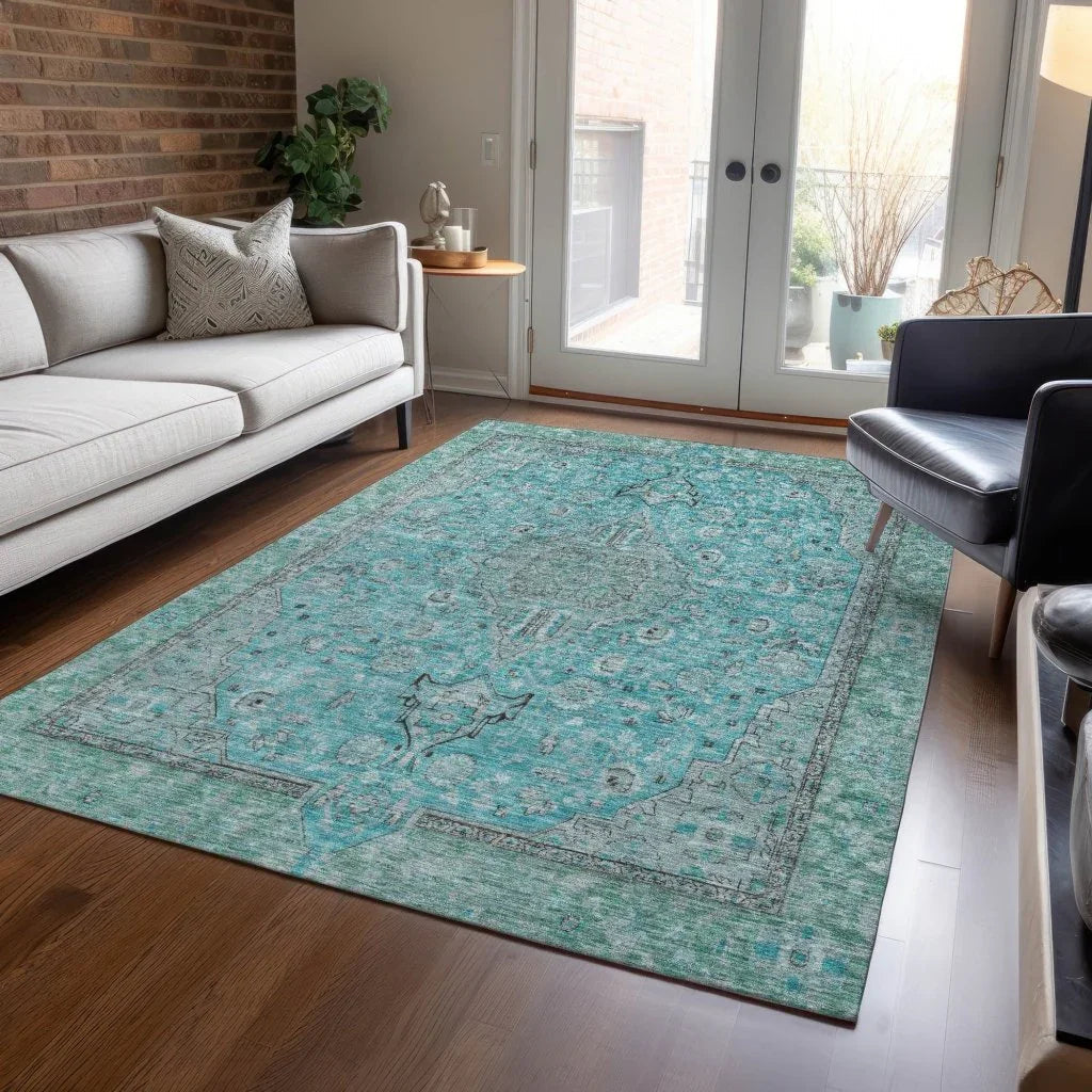 LOOMLAN Rugs Vexira Teal Washable Indoor-Outdoor Rug