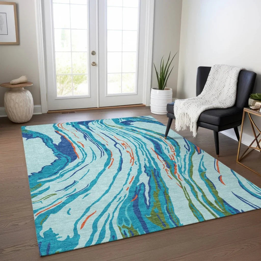 LOOMLAN Rugs Aureva Blue Washable Indoor-Outdoor Rug