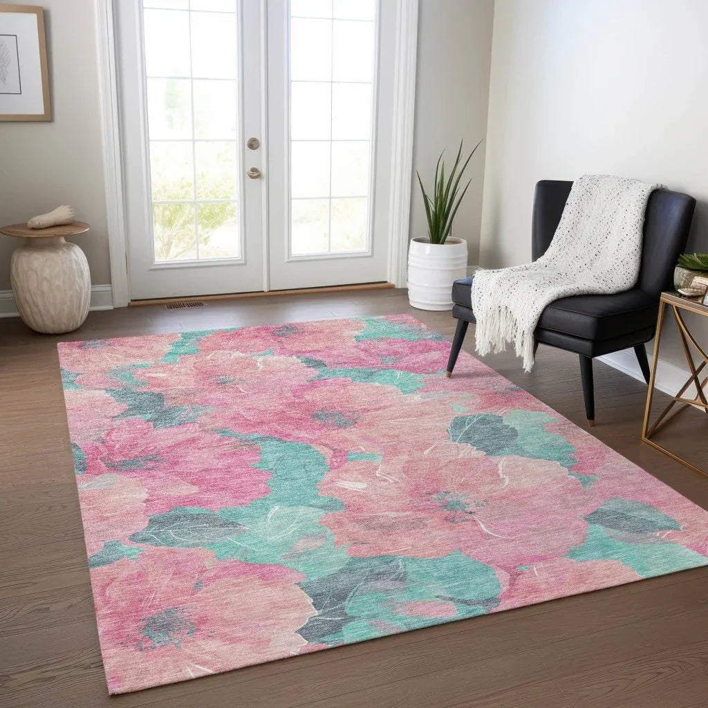 LOOMLAN Rugs Aurithra Pink Washable Indoor-Outdoor Rug