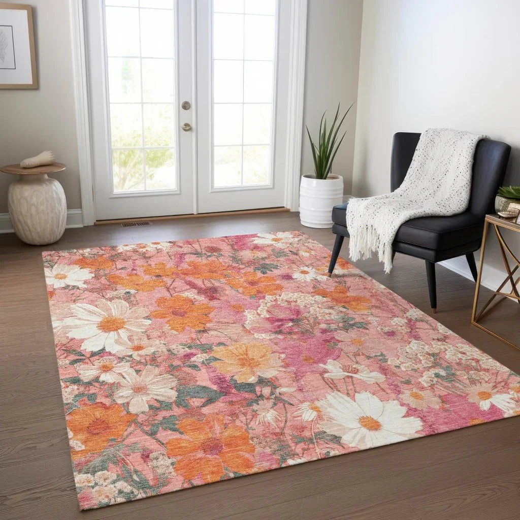 LOOMLAN Rugs Beshira Pink Washable Indoor-Outdoor Rug