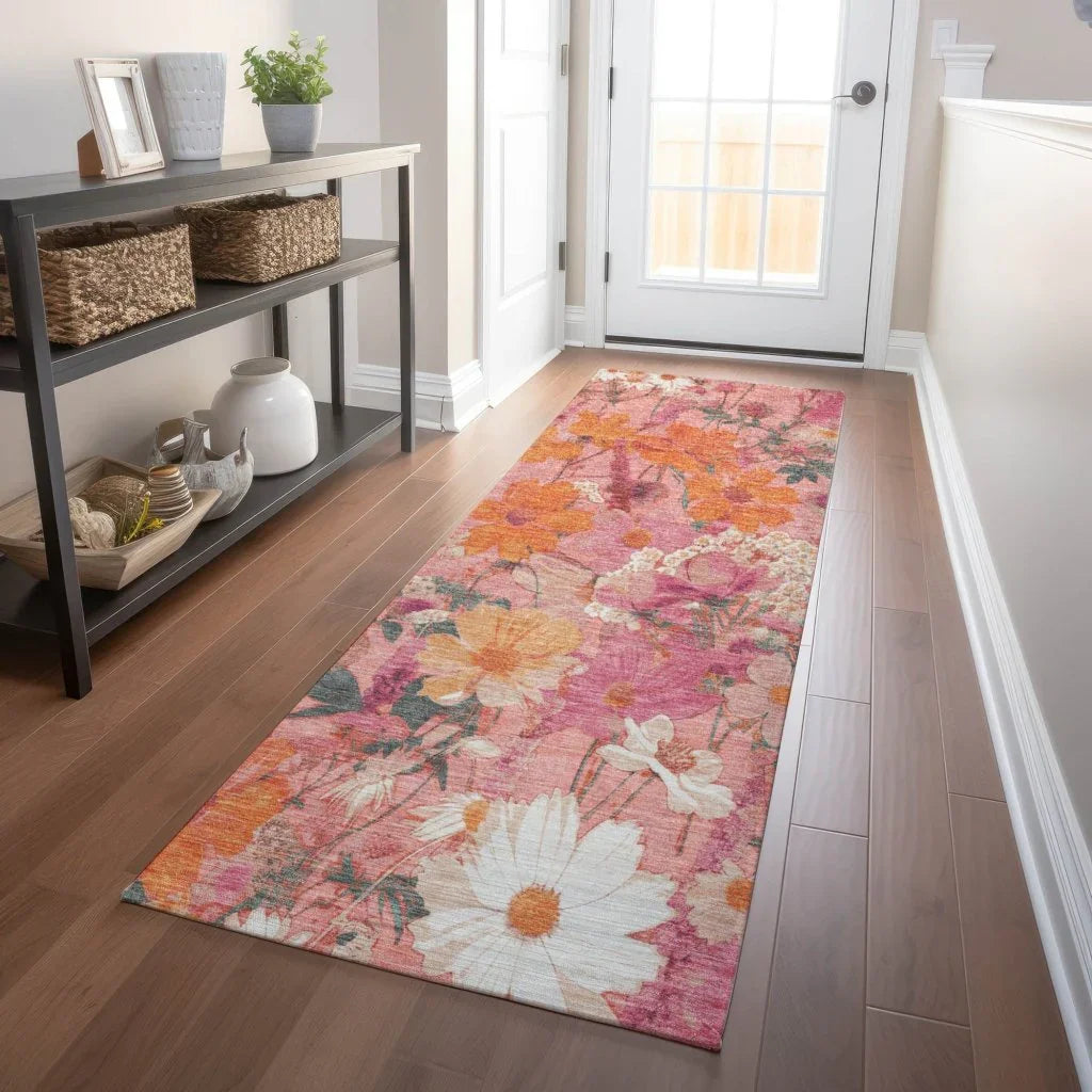 LOOMLAN Rugs Beshira Pink Washable Indoor-Outdoor Rug