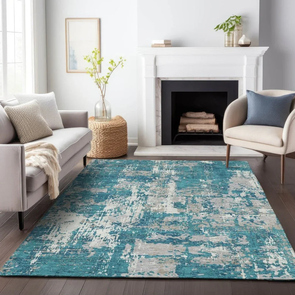 LOOMLAN Rugs Caelan Teal Washable Indoor-Outdoor Rug