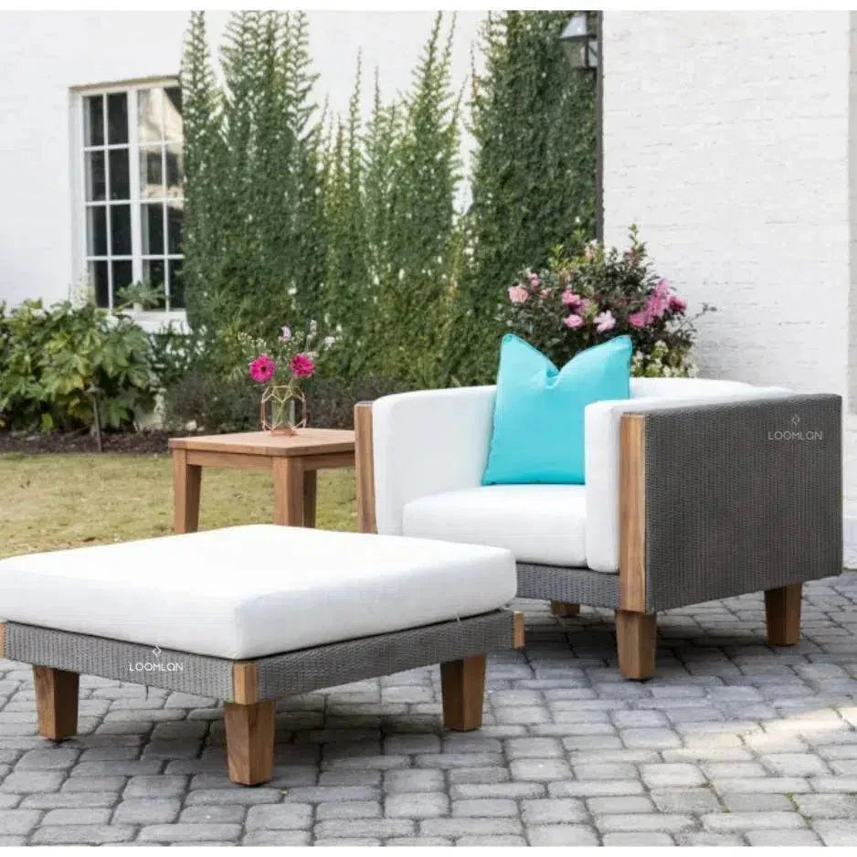 Catalina Ottoman All Weather Wicker &amp; Teak Wood - LOOMLAN - Lloyd Flanders - Outdoor Ottomans