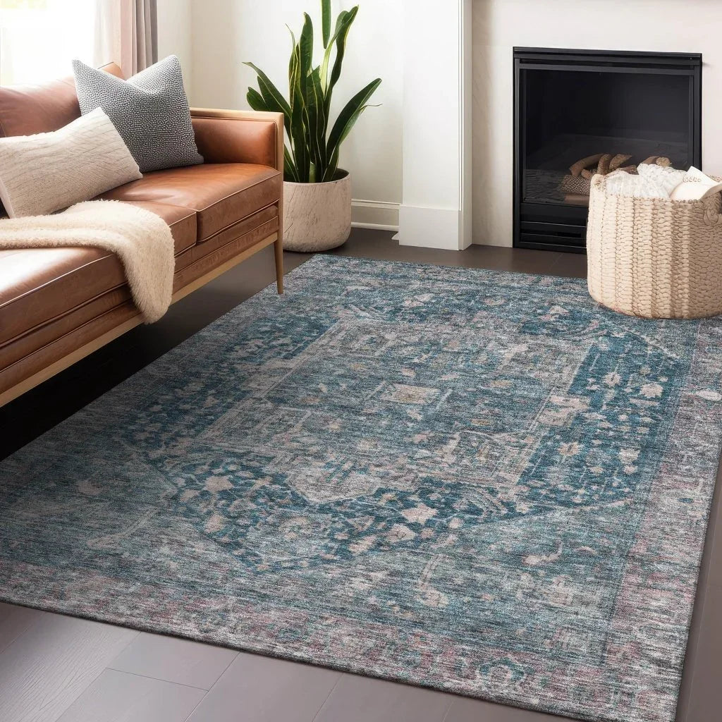LOOMLAN Rugs Clarina Blue Washable Indoor-Outdoor Rug
