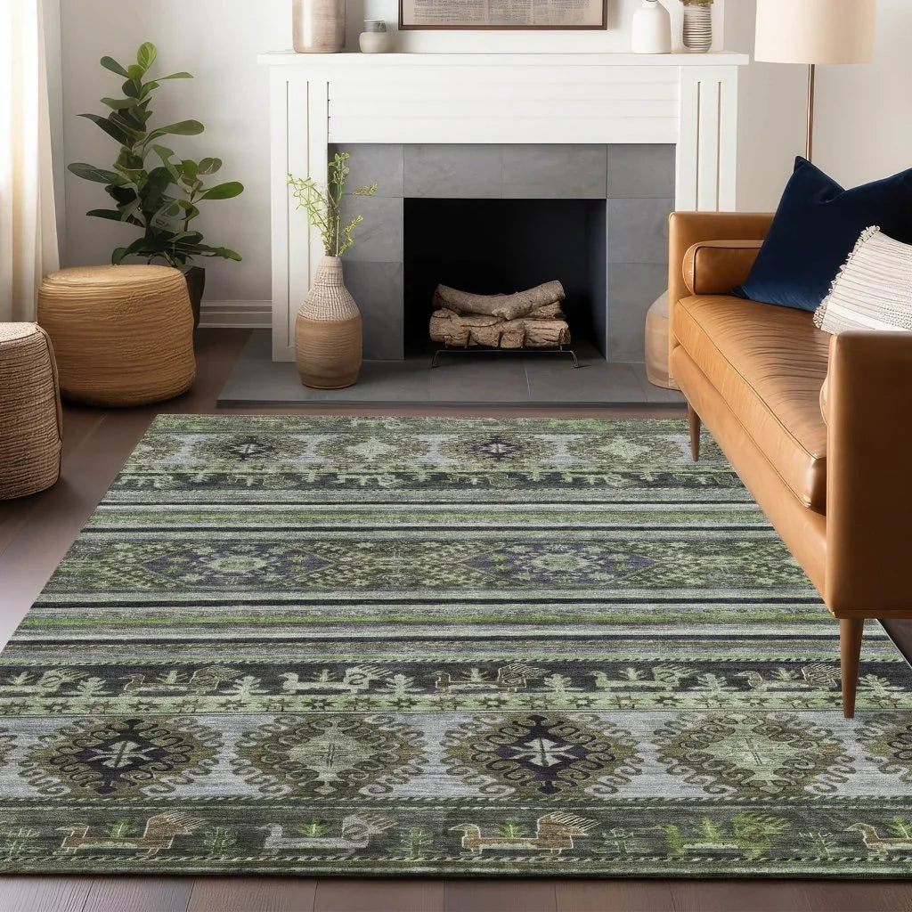 LOOMLAN Rugs Claritha Green Washable Indoor-Outdoor Rug
