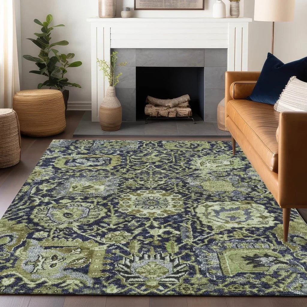 LOOMLAN Rugs Elarion Green Washable Indoor-Outdoor Rug