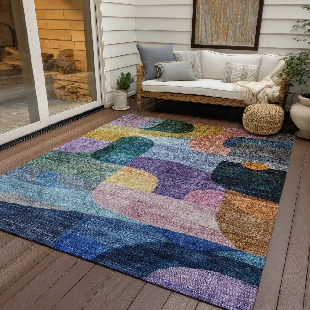 LOOMLAN Rugs Elina Blue Washable Indoor-Outdoor Rug
