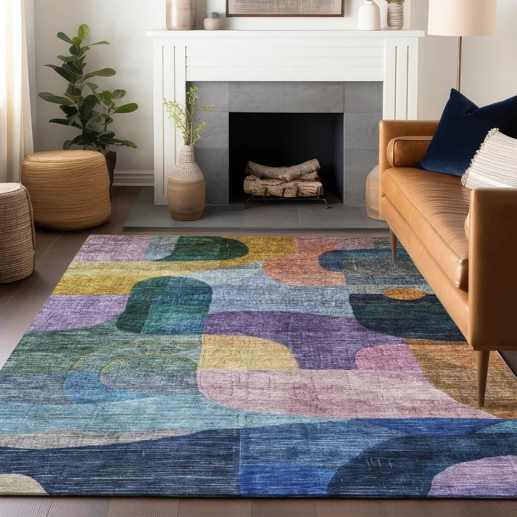 LOOMLAN Rugs Elina Blue Washable Indoor-Outdoor Rug