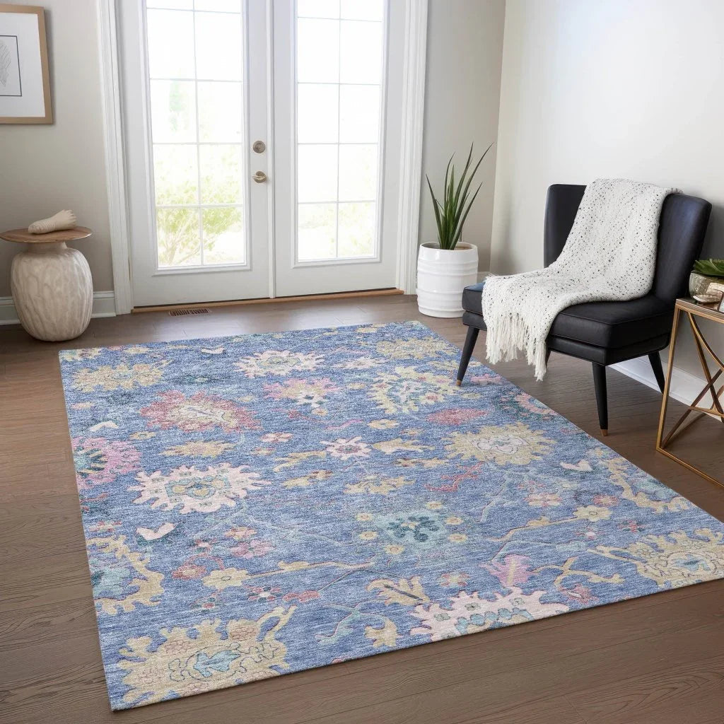 LOOMLAN Rugs Eugene Blue Washable Indoor-Outdoor Rug