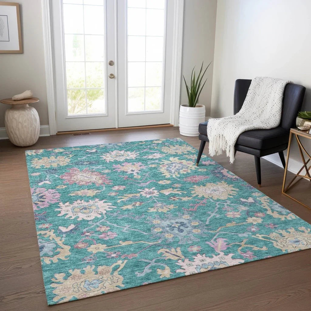 LOOMLAN Rugs Eugene Teal Washable Indoor-Outdoor Rug