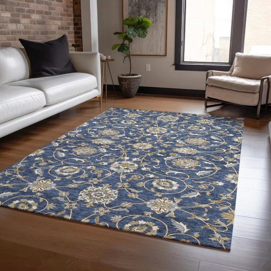 LOOMLAN Rugs Irene Blue Washable Indoor-Outdoor Rug