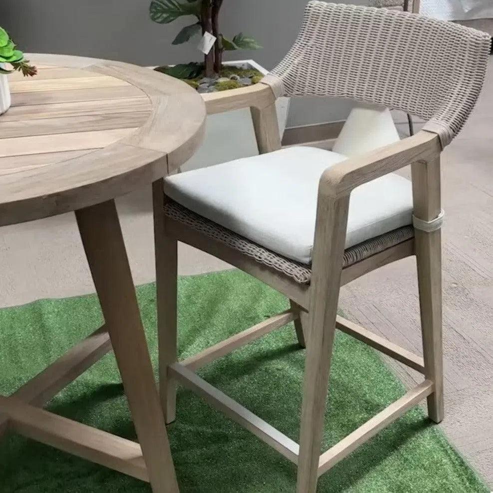 Lucia Outdoor Counter Stool Arms White Wicker & Teak - LOOMLAN - Essentials For Living - Outdoor Counter Stools