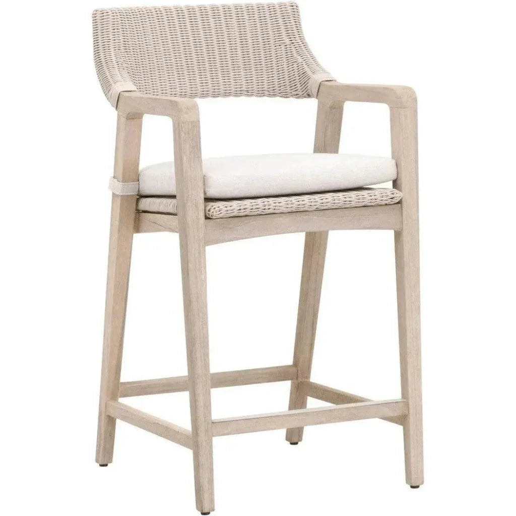 Lucia Outdoor Counter Stool Arms White Wicker & Teak - LOOMLAN - Essentials For Living - Outdoor Counter Stools