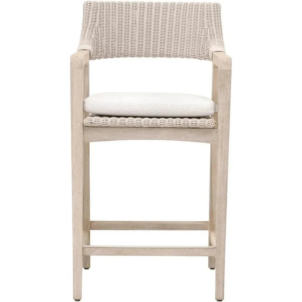 Lucia Outdoor Counter Stool Arms White Wicker & Teak - LOOMLAN - Essentials For Living - Outdoor Counter Stools