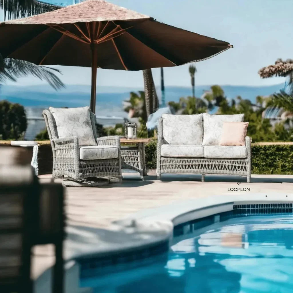 Mackinac Wicker Patio Loveseat Swivel Chair Table Set - LOOMLAN - Lloyd Flanders - Outdoor Lounge Sets