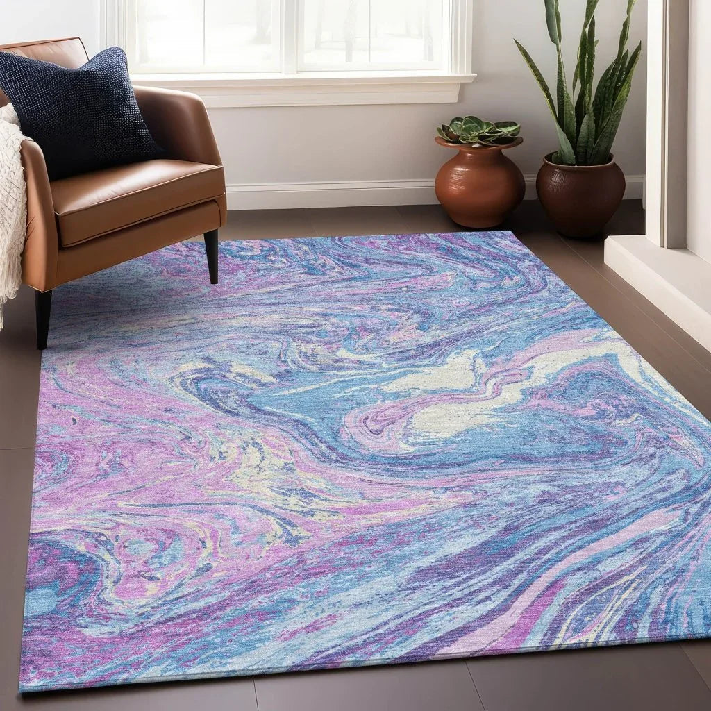 LOOMLAN Rugs Malika Blue Washable Indoor-Outdoor Rug