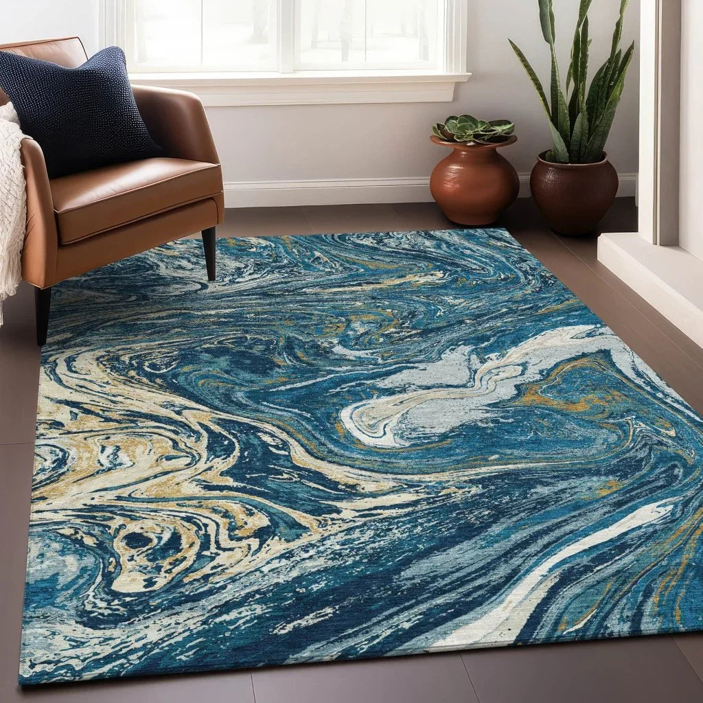 LOOMLAN Rugs Malika Navy Washable Indoor-Outdoor Rug