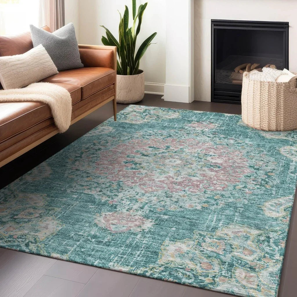 LOOMLAN Rugs Ornella Teal Washable Indoor-Outdoor Rug