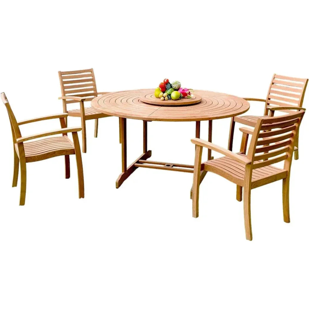 Royal 5PC Round Outdoor Dining Set Stacking Armchairs - LOOMLAN - HiTeak - Outdoor Dining Sets