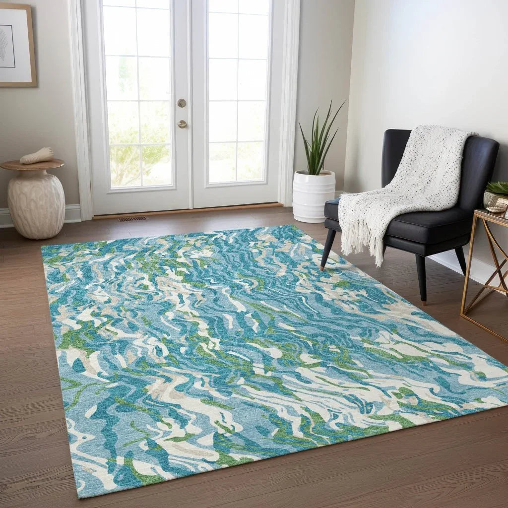 LOOMLAN Rugs Saphara Teal Washable Indoor-Outdoor Rug